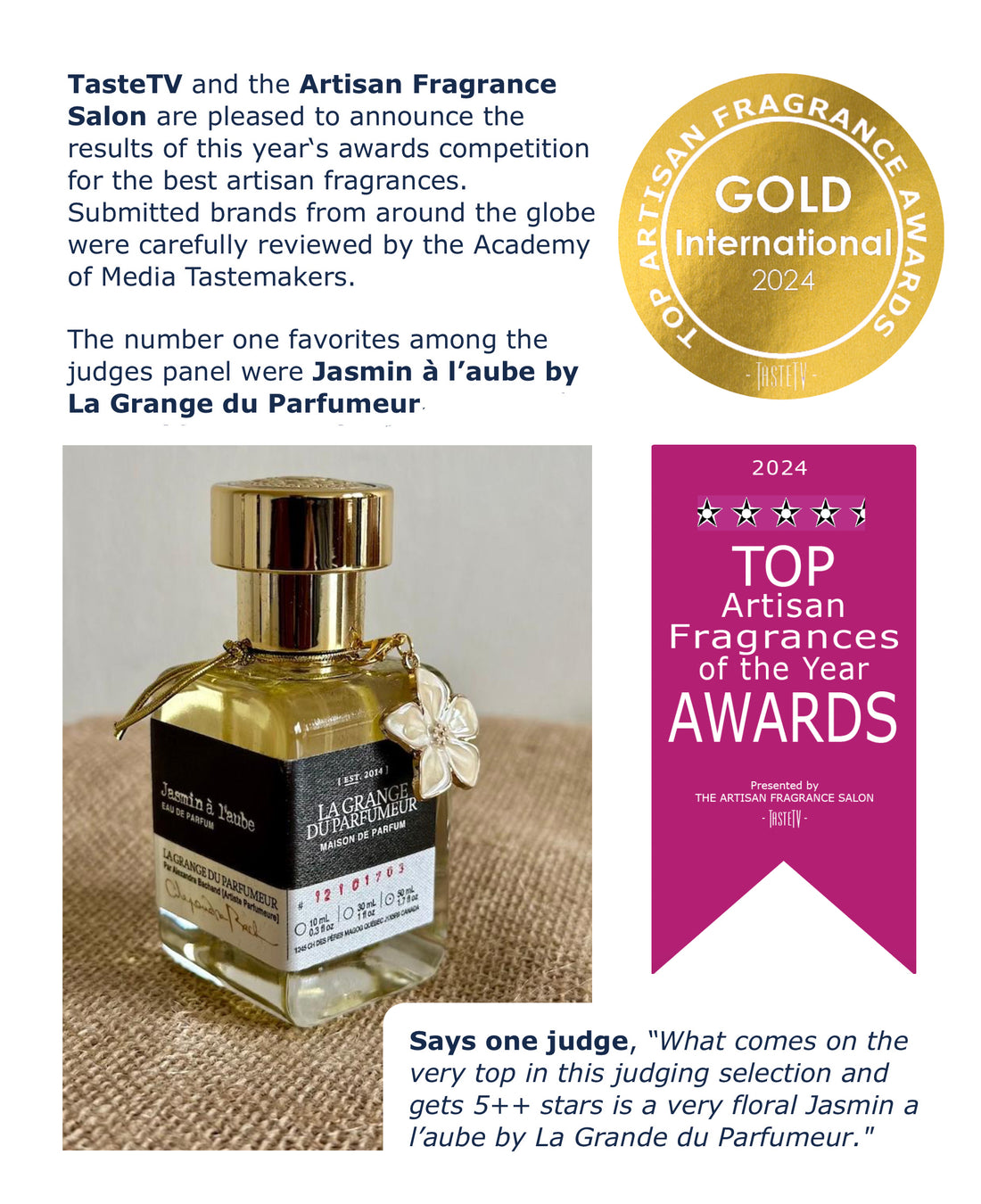 Award winning perfume, Gold Award fragrance, parfum médaillé Or, Top Artisan Fragrance Awards of the year winner, Jasmin à l'aube. Jasmine Scent, Jasmine perfume.