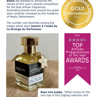 Award winning perfume, Gold Award fragrance, parfum médaillé Or, Top Artisan Fragrance Awards of the year winner, Jasmin à l'aube. Jasmine Scent, Jasmine perfume.