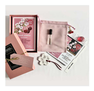 parfum cerise, cherry perfume, cherry fragrance, parfum fruité, parfum québécois, Canadian niche perfumery, Okanagan valley, sweet cherry, sweet cherie, best cherry perfume, natural perfume, parfum naturel, La arnge du Parfumeur, Canadian Perfume brand, Parfum Artisan, Alexandra Bachand, coffret découverte cerise, Haute Parfumerie, Maison de Parfum, Cantons-de-l'Est, Quebec